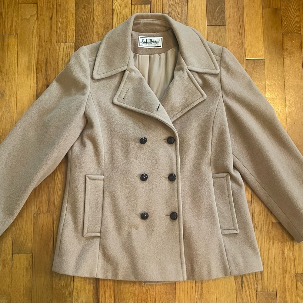 L.L Bean Vintage Wool Camel Tan Brown Double Breasted Pea Coat